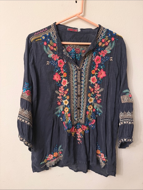 Johnny Was Tops - Johnny Was Navy Embroidered Boho Tunic with Multicolor Floral Detail